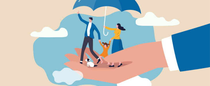 Life insurance, family protection to assure members will be financially supported and risk cover concept, lovely family with husband, wife and kids in supporting hand with umbrella cover protection.